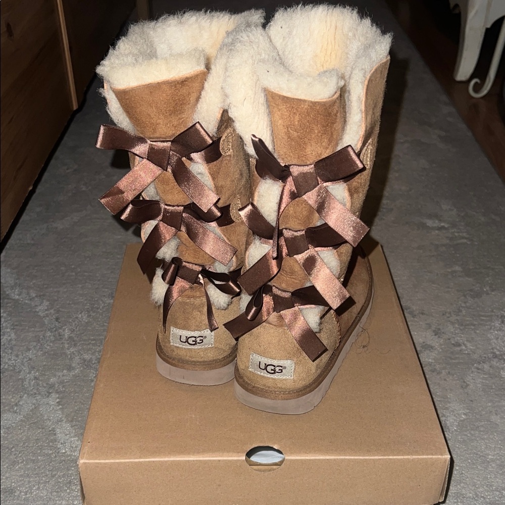 UGG Tan and Cream Boots with Satin Bows